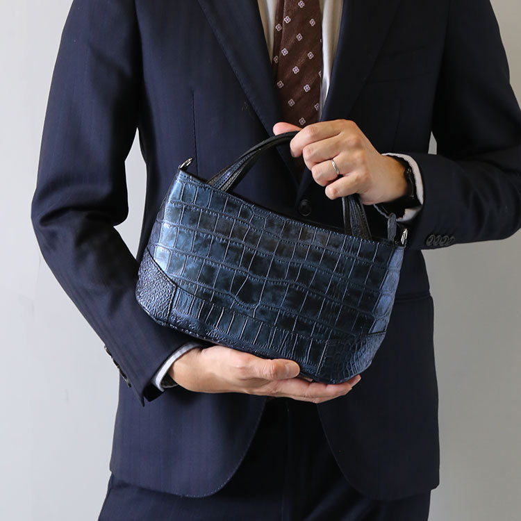 ナイルクロコダイル 2way ハンドバッグ 日本製 センター取り 斜め掛け可 (06001904-mens-1r)