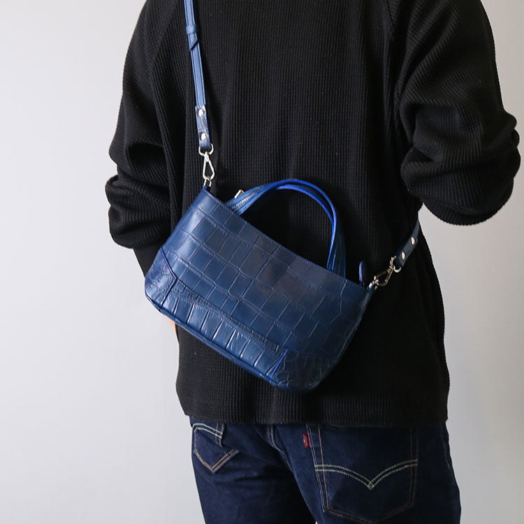 ナイルクロコダイル 2way ハンドバッグ 日本製 センター取り 斜め掛け可 (06001904-mens-1r)