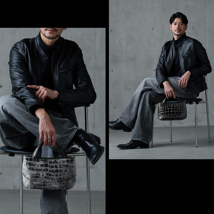 ナイルクロコダイル 2way ハンドバッグ 日本製 センター取り 斜め掛け可 (06001904-mens-1r)