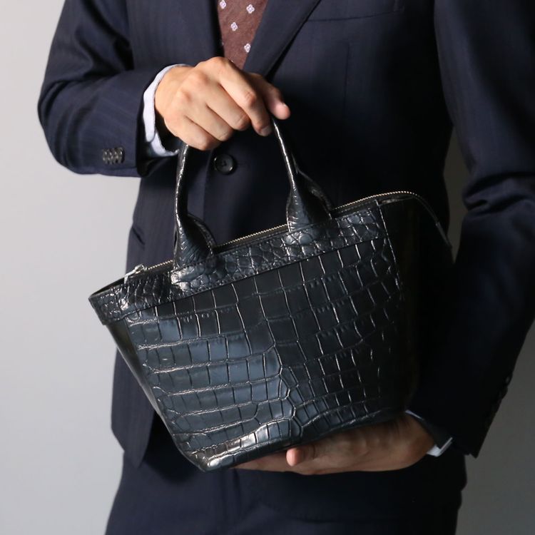 GranCroco クロコダイル マット加工＆目地染め ミニトートバッグ 日本製 2WAY (06001927-mens-1r)