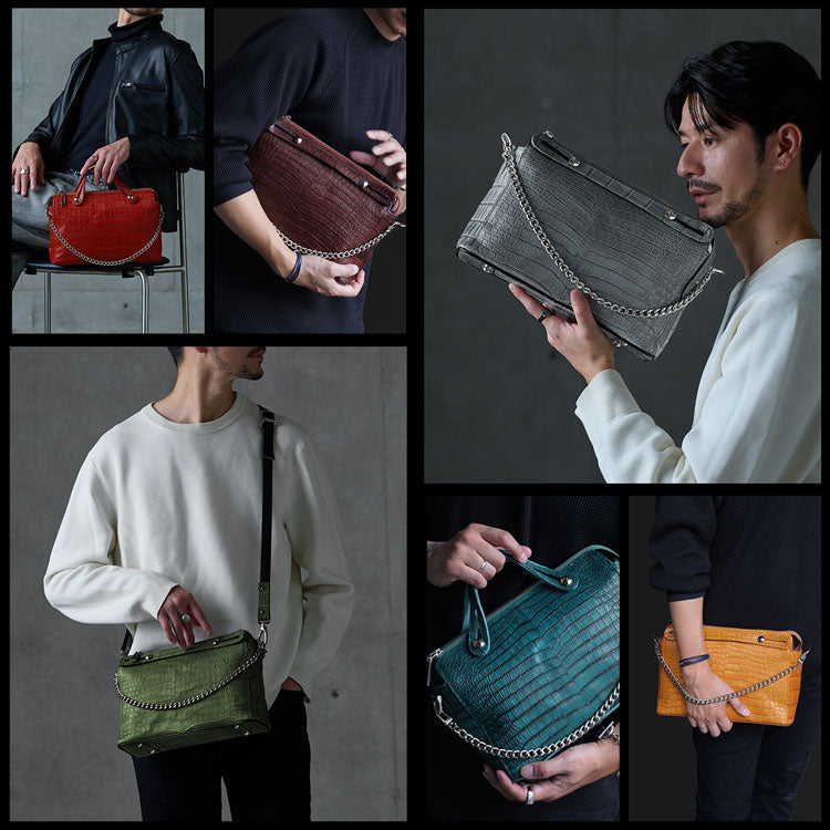スモールクロコダイル 2wayバッグ チェーン付き 日本製 B5サイズ対応 斜め掛け可 (06001941r)